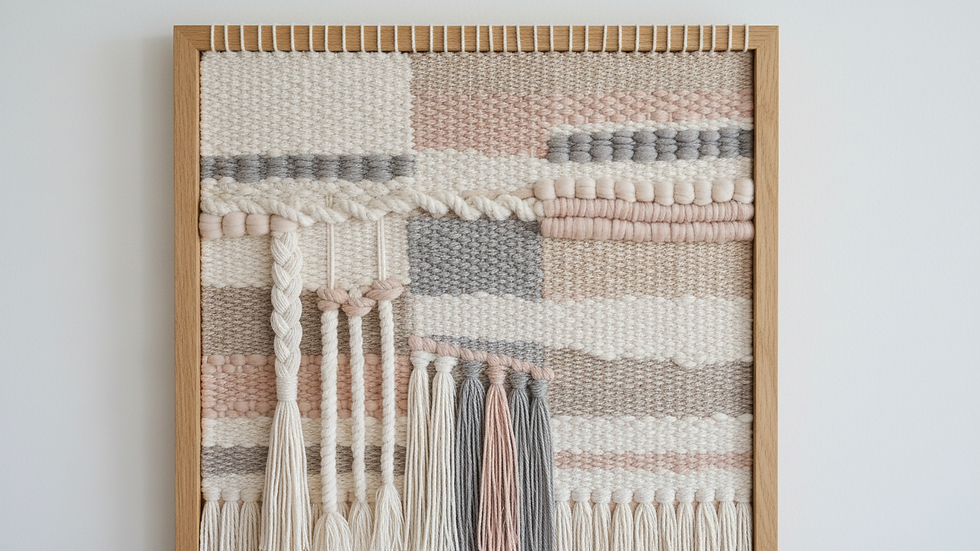 Close-up view of a hand-woven textile wall hanging in neutral tones