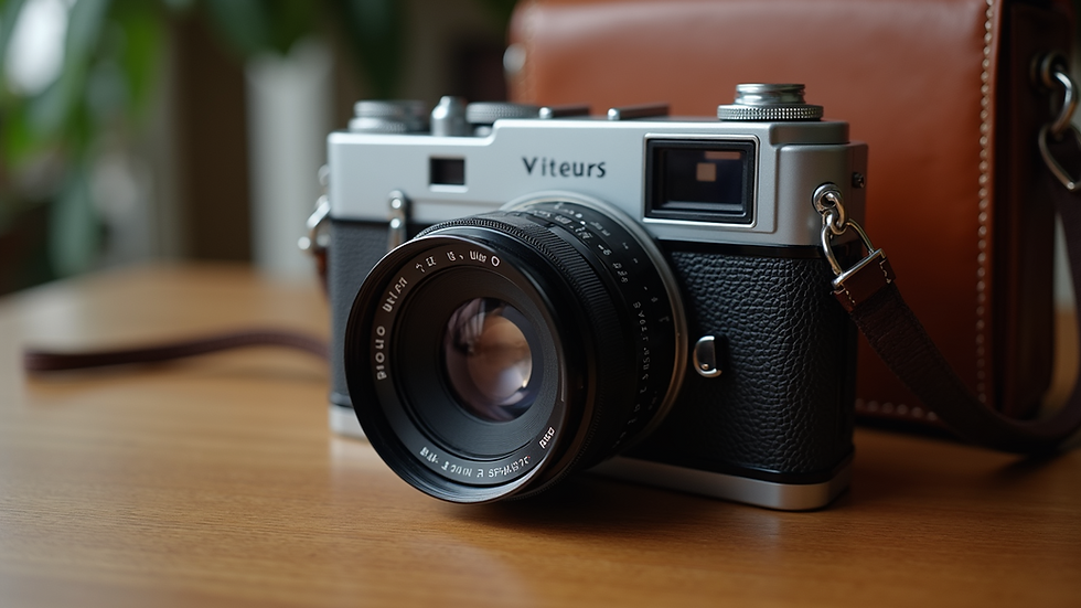 Eye-level view of a vintage camera with a classic leather case on a wooden table