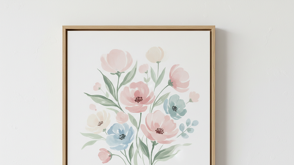 Close-up view of a framed floral painting with soft pastel colors