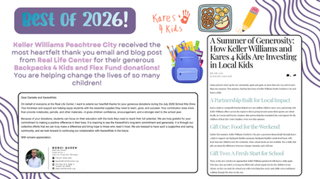 Keller Williams Realty Atlanta Partners Peachtree City received the most heartfelt thank you email and blog post from Real Life Center on their website for their generous Backpacks 4 Kids and Flex Fund donations! They are helping change the lives of so many children!