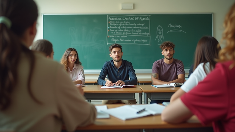 Eye-level view of a classroom with students engaged in a Portuguese lesson