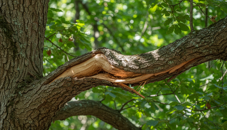 Close-up view of a split tree limb with rough bark and green leaves behind it.
