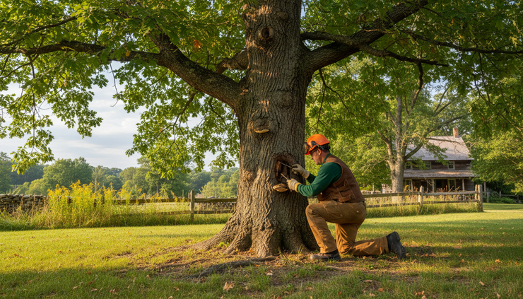 Eye-level view of an arborist examining the base of a mature tree in a leafy yard.