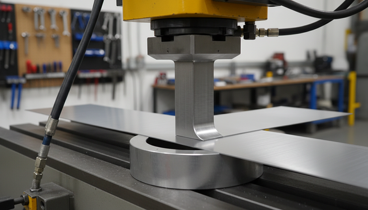 Close-up of a bent aluminum sheet with a smooth radius on a press brake