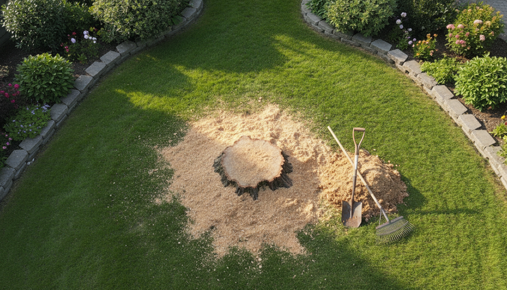 Overhead view of a lawn area after stump grinding with tools arranged nearby