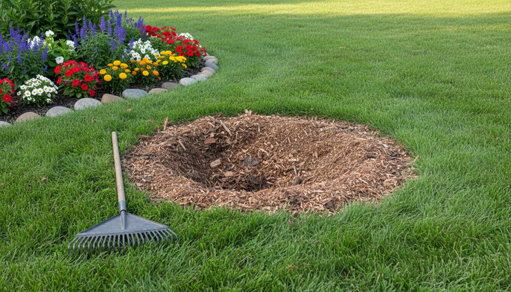 Eye-level view of wood chips and soil filling a stump grinding hole in a lawn