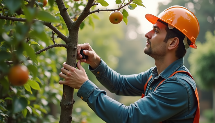 Close-up view of a professional arborist pruning a fruit tree branch in a backyard