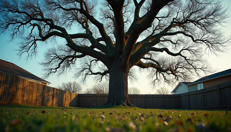 Eye-level view of a large oak tree with broken branches after a storm