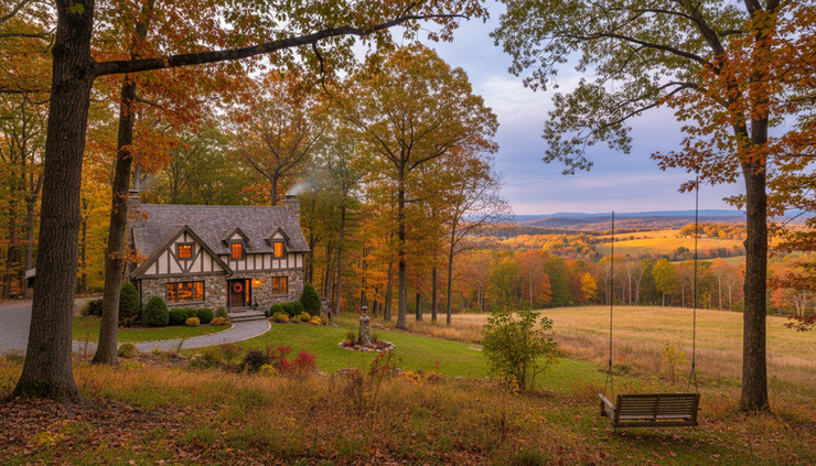 Wide-angle view of mature trees around a Hudson Valley home in early fall