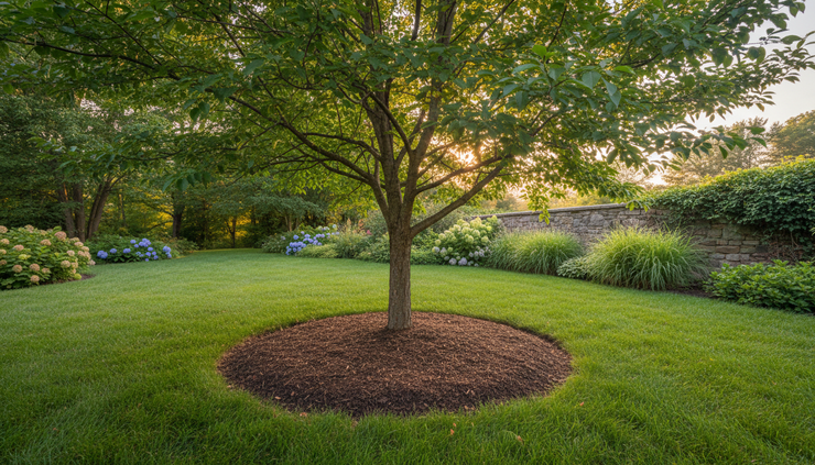 Low-angle view of a mulched young tree with late-summer greenery around it.