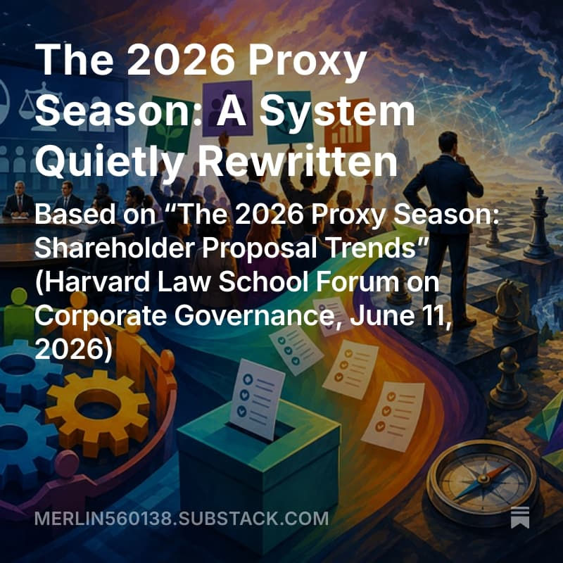 Colorful illustration showing a corporate boardroom, shareholder activist crowd, ballot box, and governance symbols transitioning into an uncertain strategic landscape with chess pieces, storm clouds, a compass, winding paths, and a lone businessperson weighing choices.