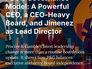 Colorful illustration of three corporate leaders in a boardroom: a CEO presenting, a chairman with a gavel, and a lead board director observing.