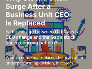 Colorful illustration of a corporate org chart above a retail clothing store, with one empty red chair on a stage, a departing executive walking away, and a new leader climbing steps to take the seat.