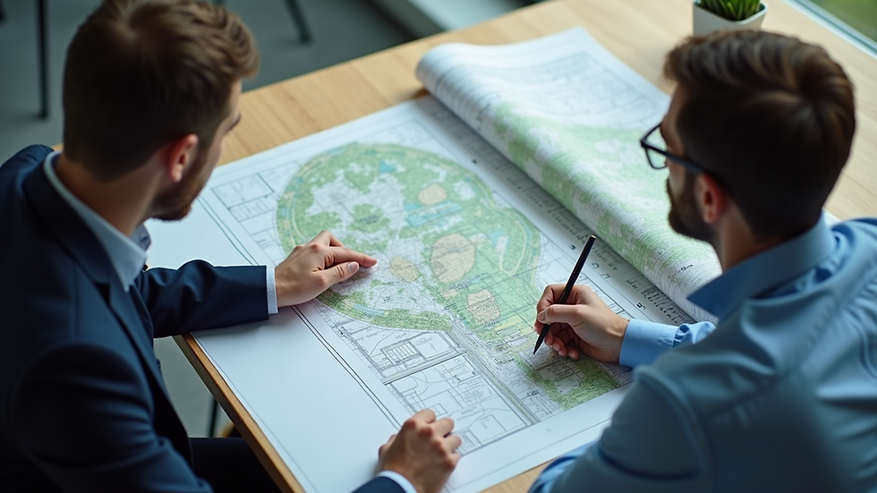 High angle view of environmental consultants reviewing site maps and data