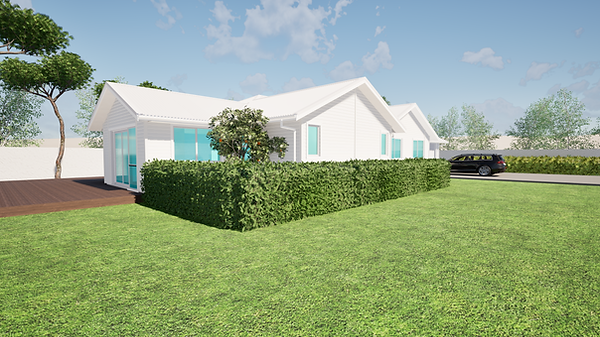 Modern white single-story horizontal linea weatherboard house.