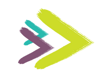 Purple, turquoise and green greater than chevron branding symbols