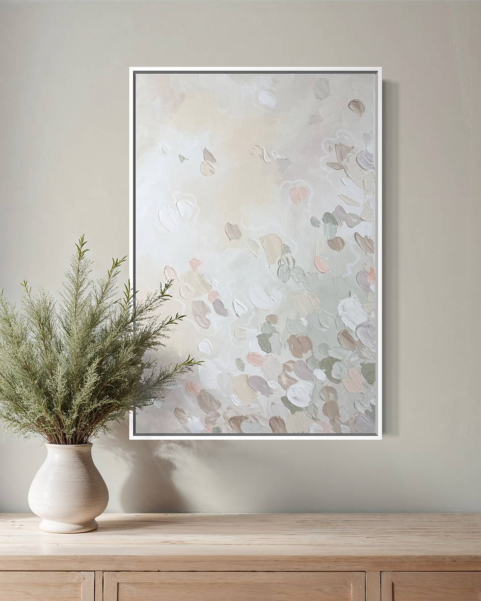 Abstraktes Acrylbild mit Strukturpaste in sanften Beige und Pastelltönen auf Leinwand