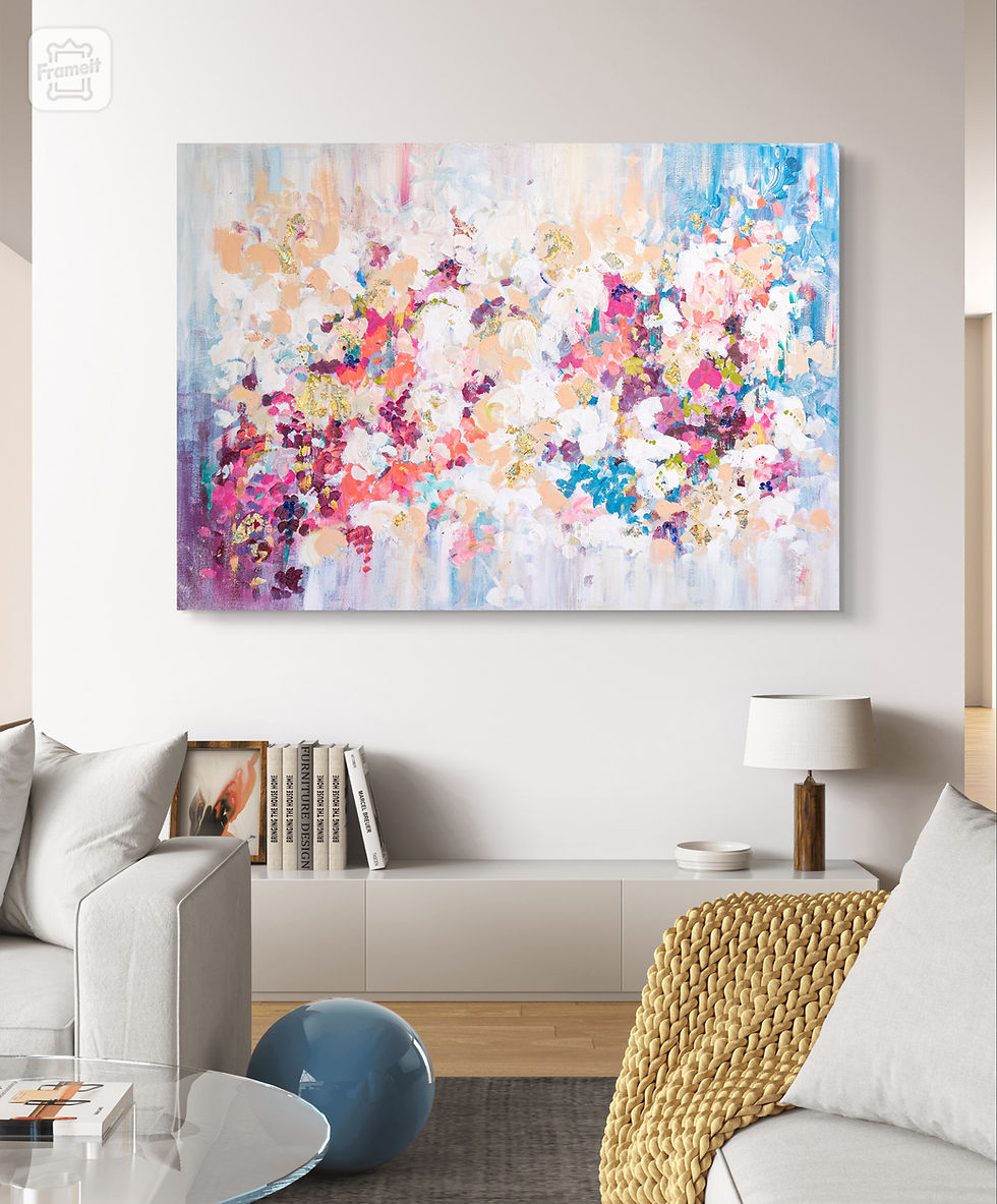 Großes Acrylgemälde „Floral Symphony“ in Pink-, Blau- und Goldtönen, abstrakte Blütenkomposition auf Leinwand, 140 x 100 cm.