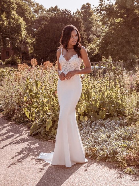 Fitted crepe wedding dress with plunge neck line
