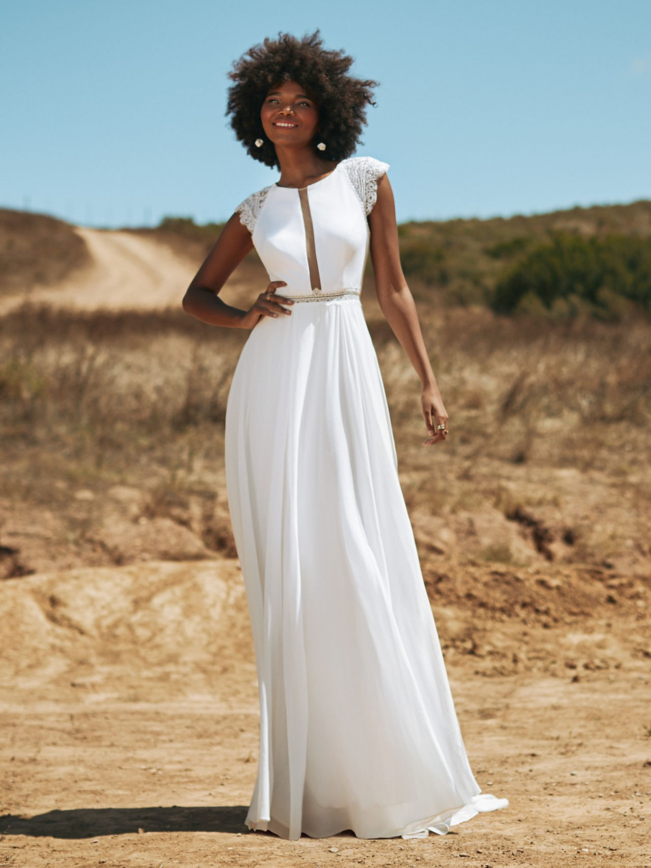 Front of ivory kelsey rose dress with chiffon skirt and crepe bodice