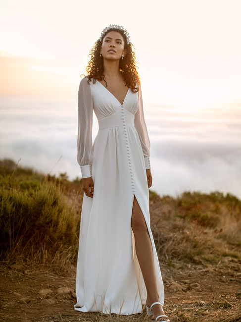 V-neck crepe wedding dress with chiffon long sleeves