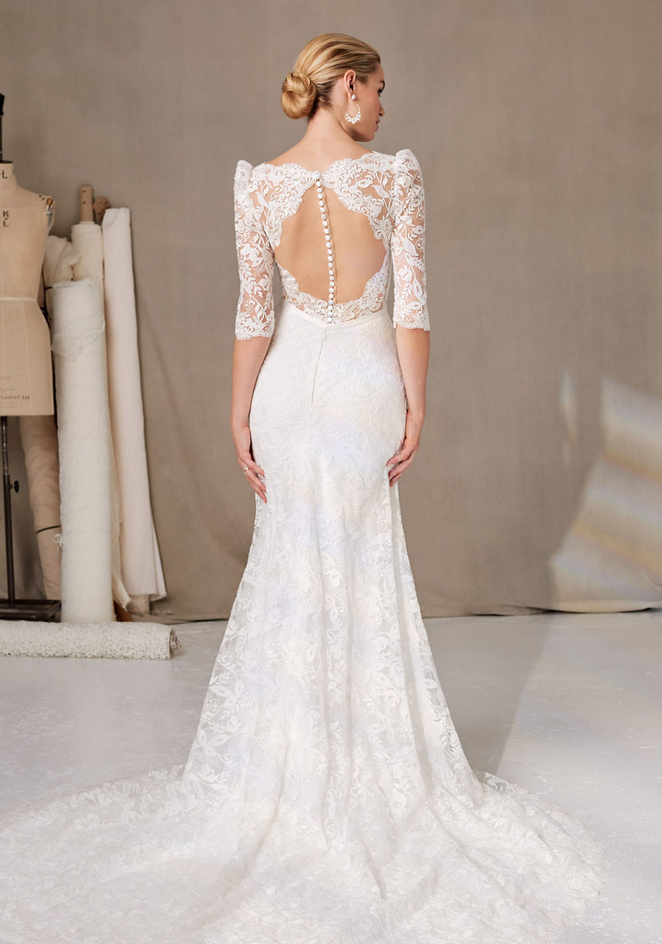 full lace fitted wedding dress with illusion back 