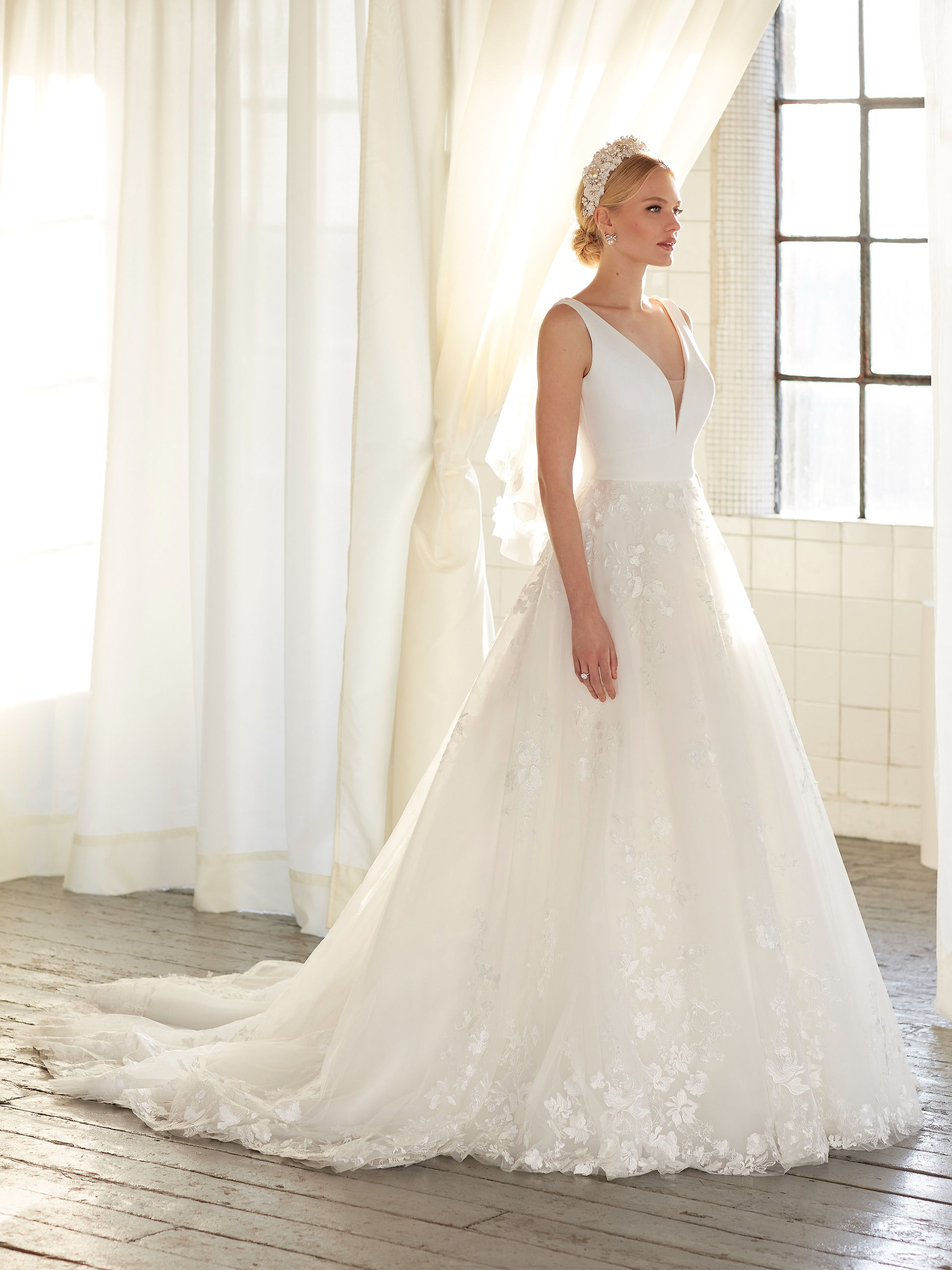 crepe bodice wedding dress with lace skirt