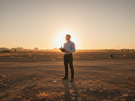 Homem com prancheta no meio de um terreno baldio.