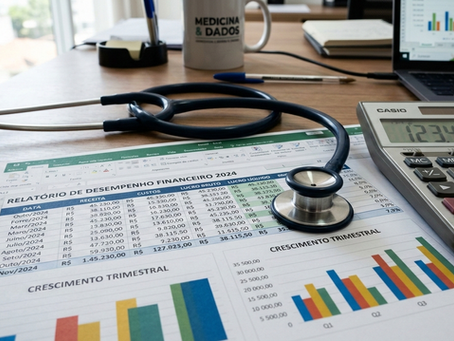 imagem de Um estetoscópio onde o diafragma (a parte que encosta no paciente) não está em um peito, mas sim sobre uma calculadora, uma planilha de Excel