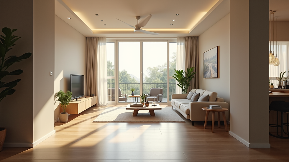 Eye-level view of a well-lit living room with clear pathways