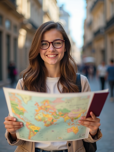 A confident, young international student smiling while holding a passport and looking at a