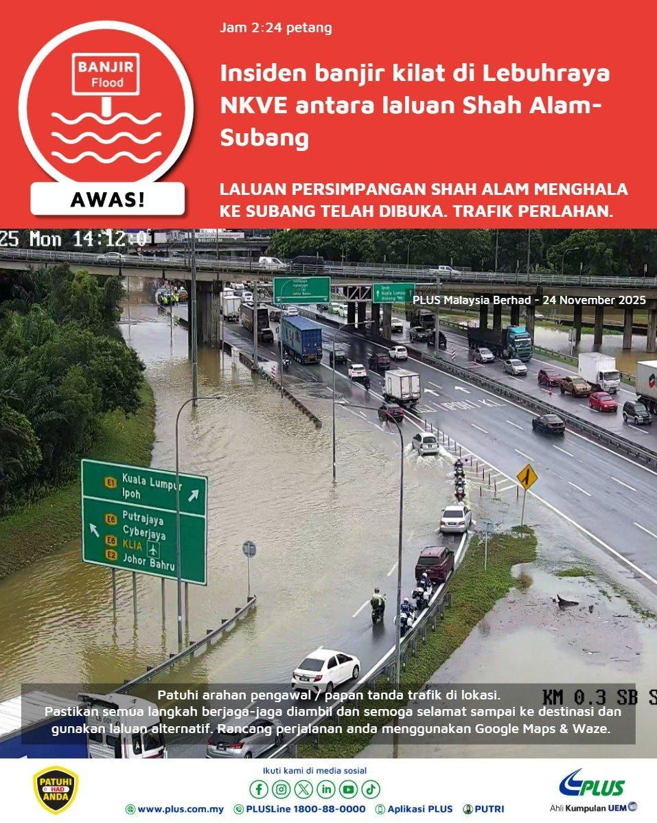 Insiden banjir kilat di Lebuhraya NKVE antara laluan Shah Alam!