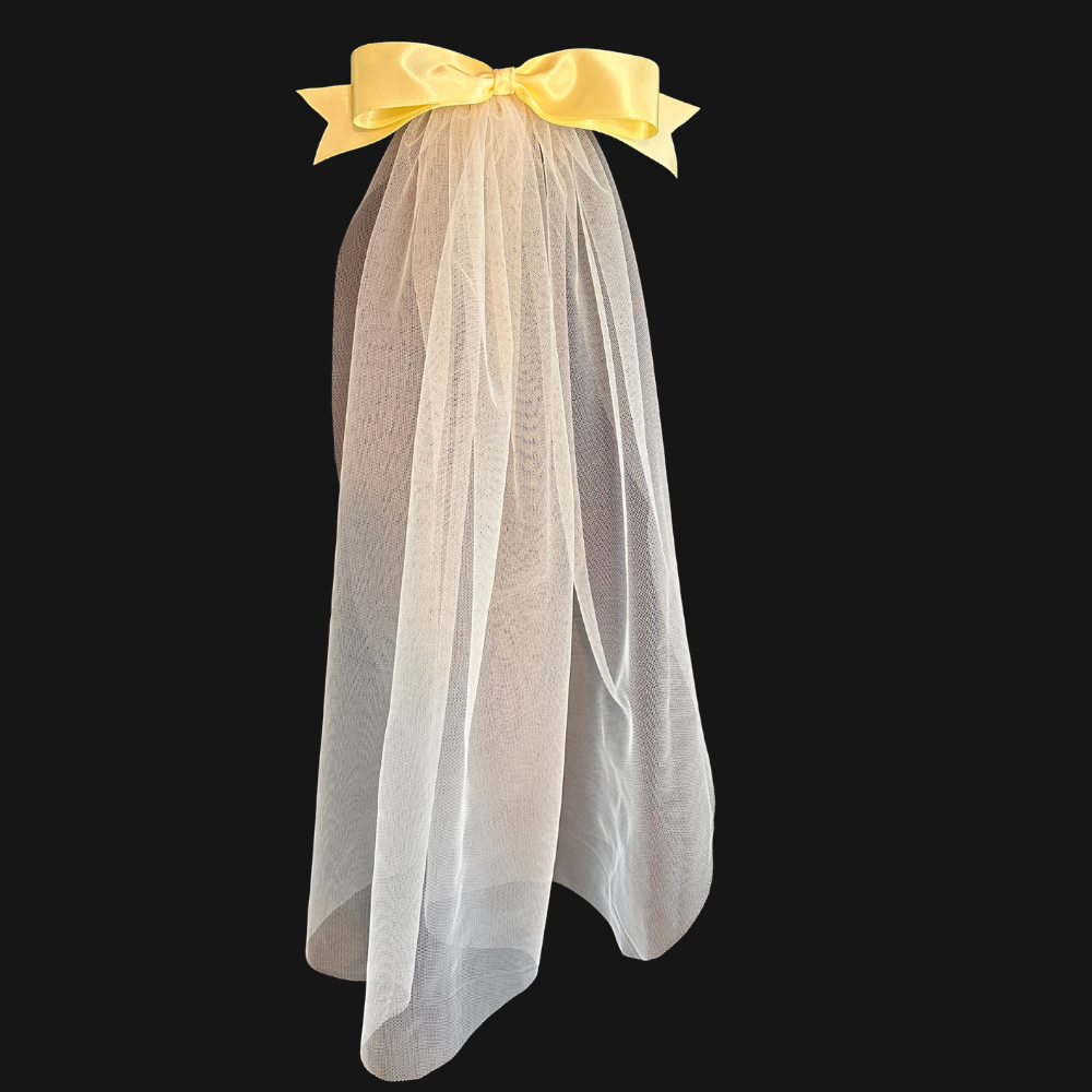 Yellow Satin Bow Veil – 22" Single Layer Tulle Bridal Veil