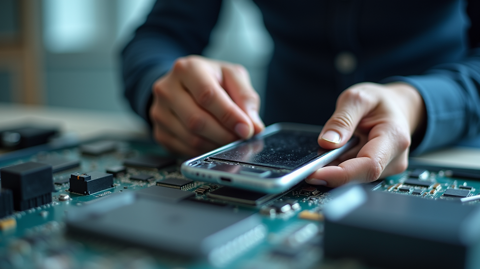 Eye-level view of phone repair technician replacing a phone screen