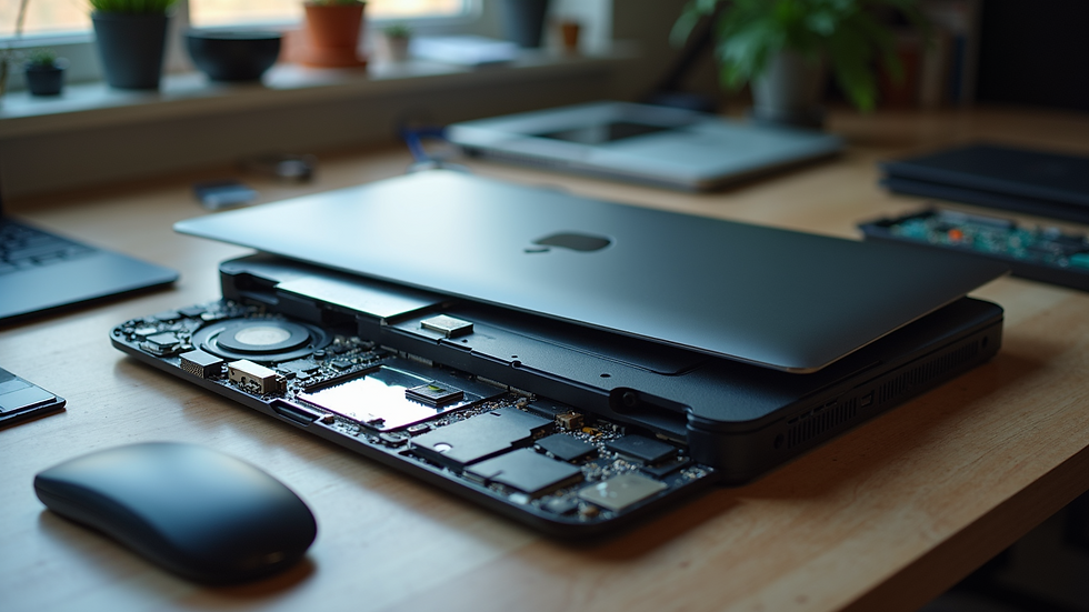 High angle view of laptop parts laid out for screen replacement