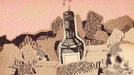 bottle of wine amid debris and skulls