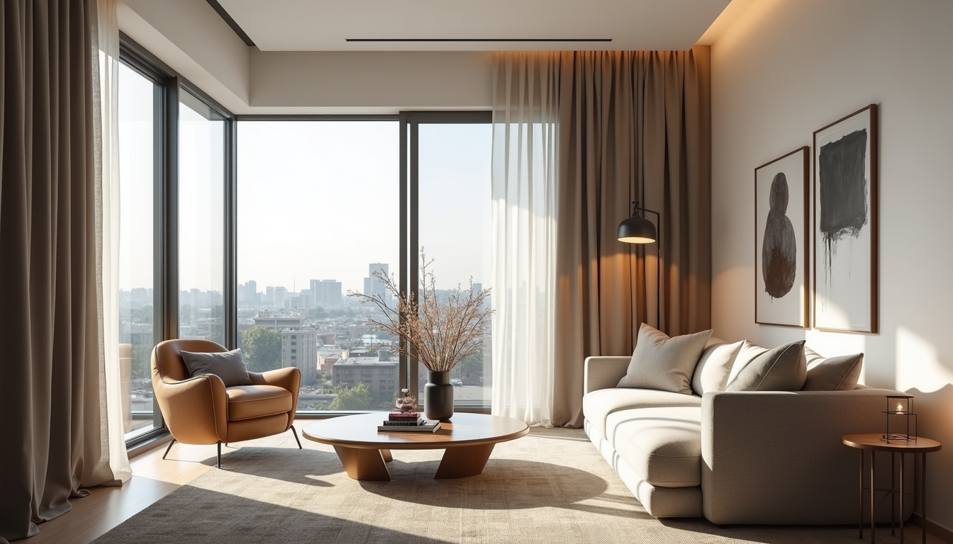 Vue en plongée d’un appartement rénové avec mobilier moderne
