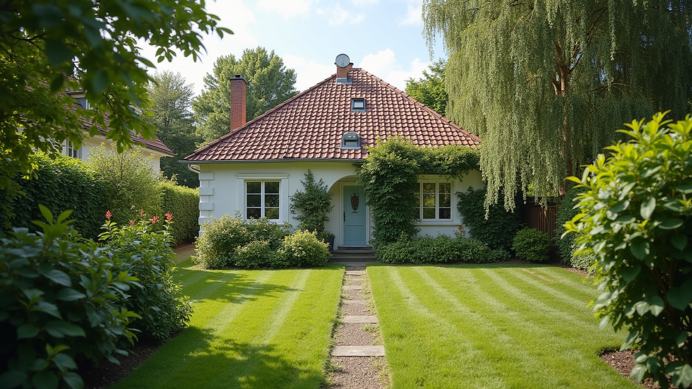 Wide angle view of a charming house with a garden in a Mauricie neighborhood