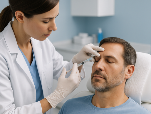 Médica inyecta en la frente de un hombre en consultorio. Él está relajado, con ojos cerrados. Ambos visten de azul y blanco. Ambiente clínico.