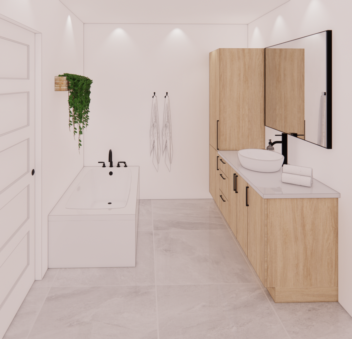 Salle de bain moderne, non meublée, d’un appartement à louer à Terrasses St-Maurice disponible en juillet 2025.