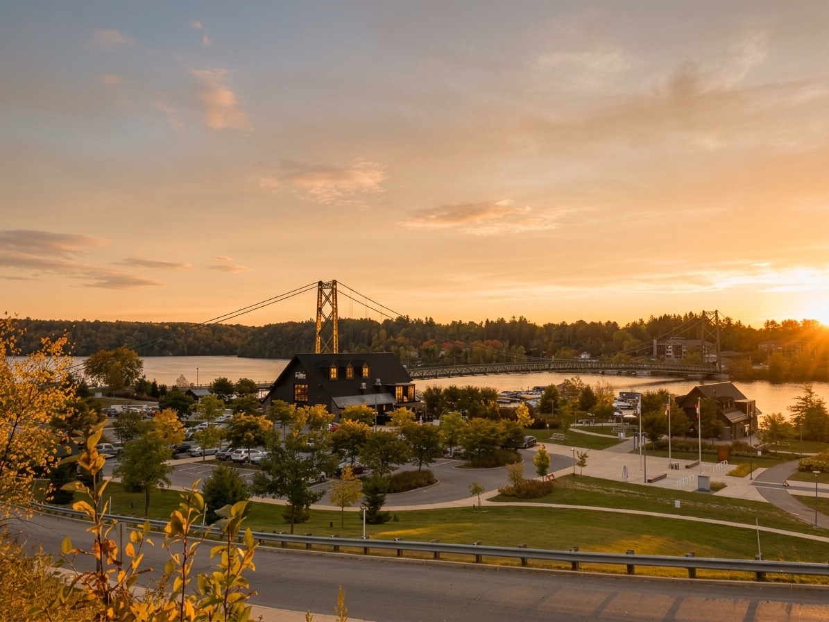 Vue sur la rivière Saint-Maurice et le pont de Grand-Mère à Shawinigan au coucher du soleil.