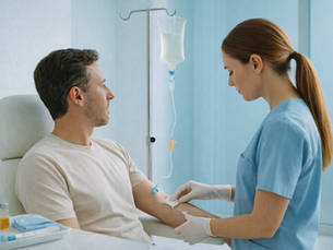 A nurse in blue scrubs assists a seated patient with an IV. The room is bright and sterile, creating a calm and professional atmosphere.