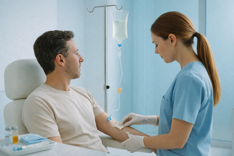 A nurse in blue scrubs assists a seated patient with an IV. The room is bright and sterile, creating a calm and professional atmosphere.
