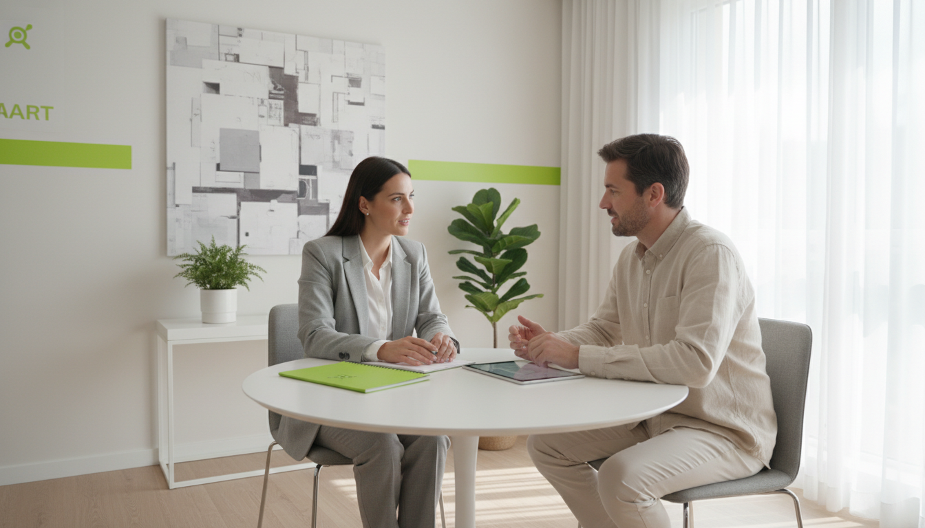 Vue rapprochée d’un gestionnaire immobilier discutant avec un propriétaire