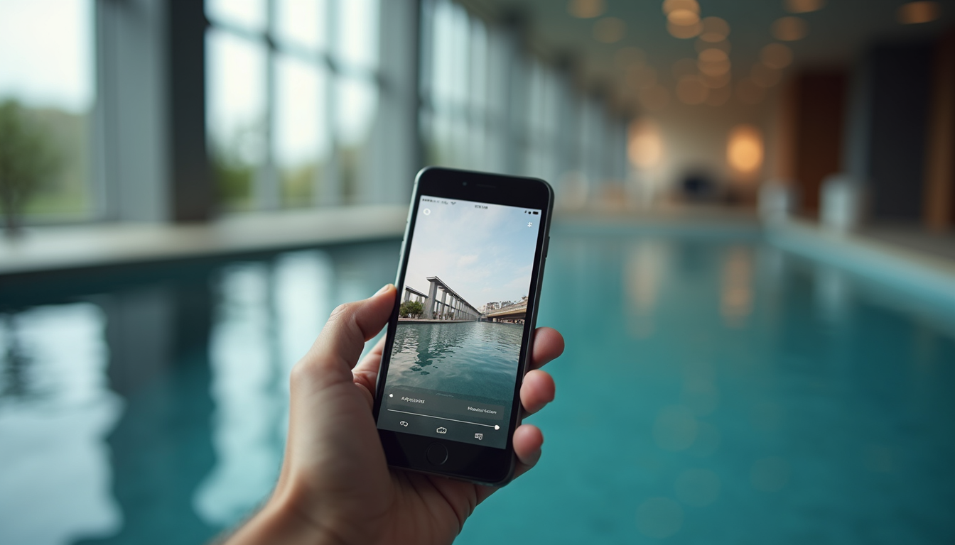 Vue en plongée d'un smartphone affichant une application de gestion immobilière
