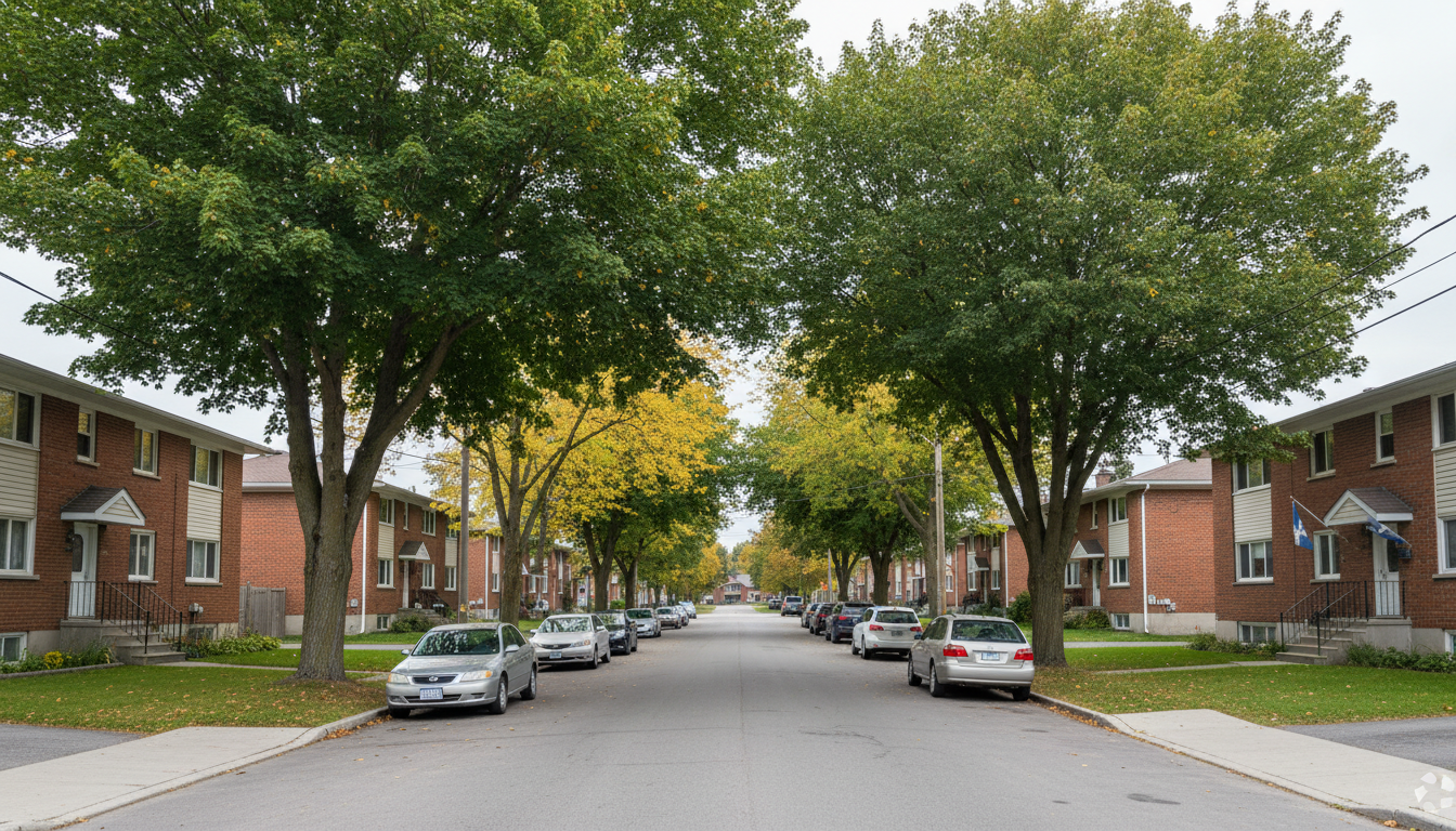 Vue grand angle d'une rue résidentielle tranquille en Mauricie avec des immeubles locatifs et des arbres.