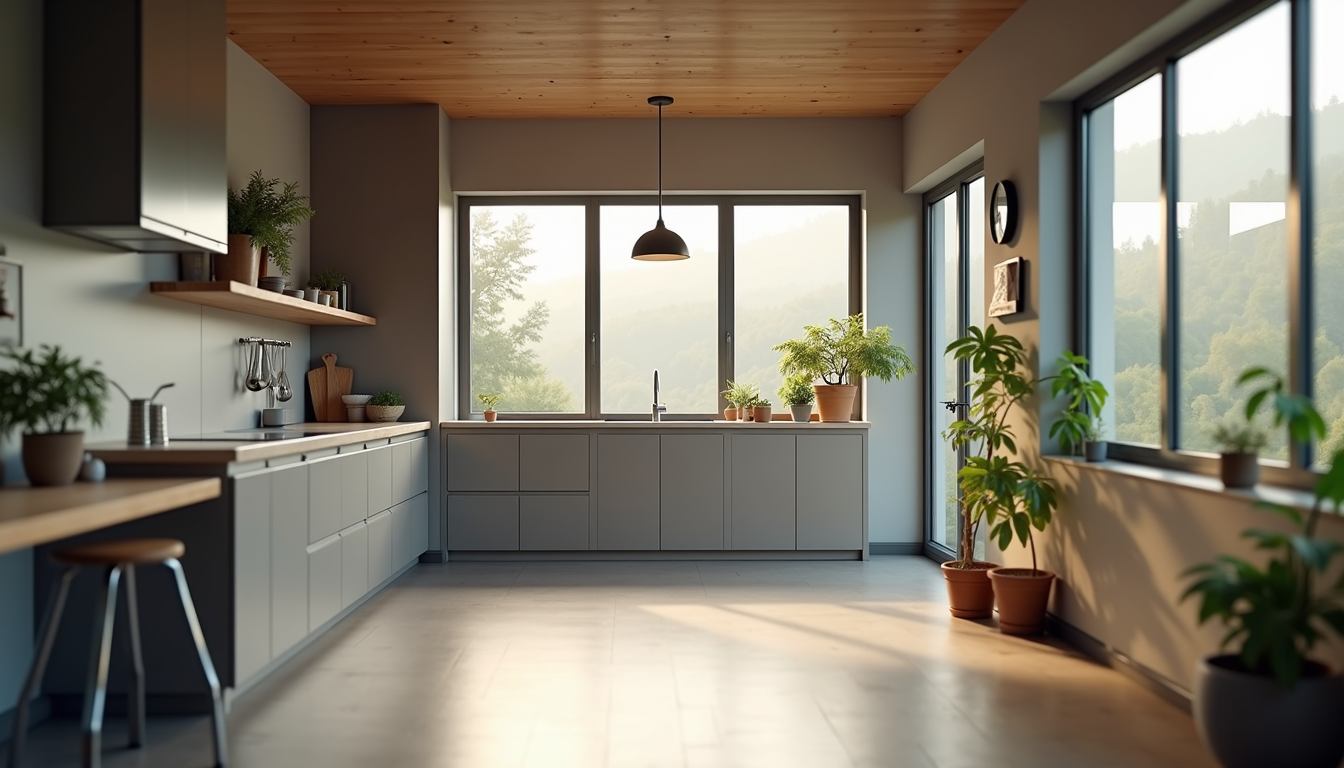 Vue en plongée d’une cuisine moderne et spacieuse