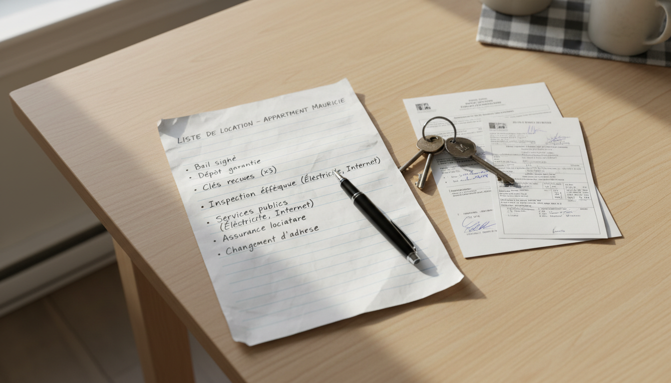 Vue en plongée d'une liste de vérification de location avec un stylo et des clés d'appartement.