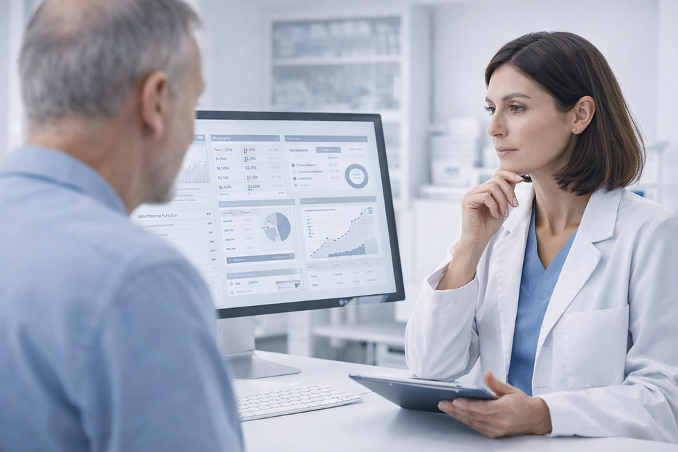 Doctor in a white coat discusses data on a monitor with a patient in a clinic. Charts and graphs are visible. Focused, professional mood.