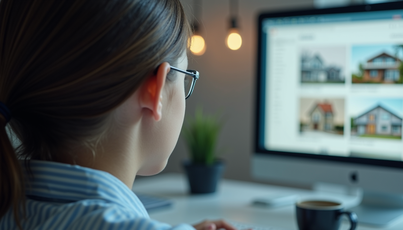 Vue à hauteur d’œil d’un écran d’ordinateur affichant une recherche immobilière